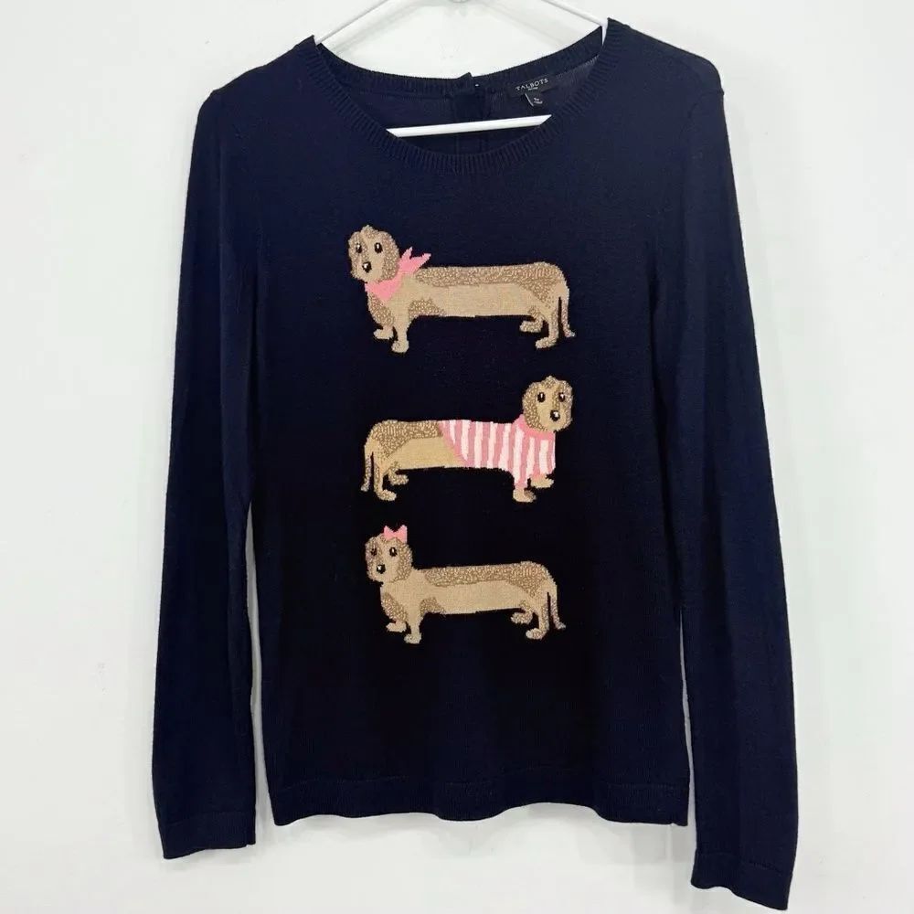 Talbots Three Dachshunds Graphic Blue Fine Knit Crewneck Pullover Sweater